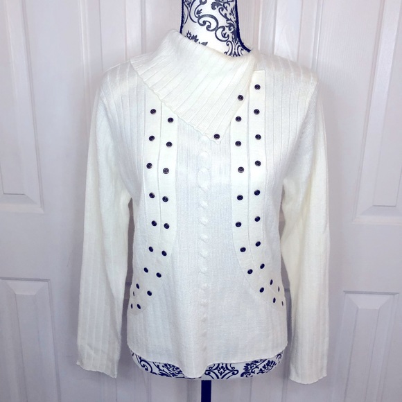 Carol Rose Sweaters - Carol rose cream studded detail folded over collar detail pullover sweater